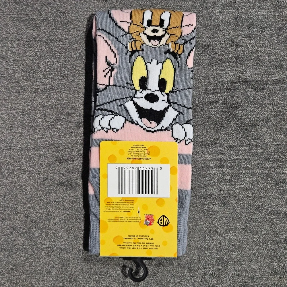 Tom and Jerry Mens Crew Socks Gray Pink Striped Cartoon Graphic Size 10-13 NEW